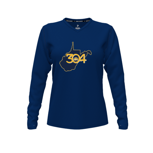 [CUS-DFW-TEES-CMF-VNK-LSL-NVY-FYXS-LOGO2] Decker Comfort T-Shirt (Female Youth XS, Navy, V Neck, Logo 2, Long Sleeve)