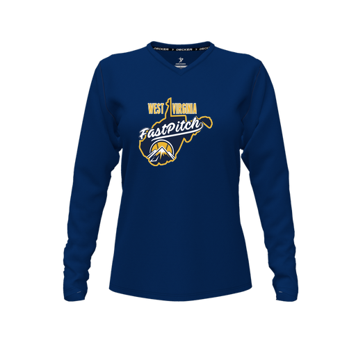 [FTLVCFNV-FYXS-LOGO3] Decker Comfort T-Shirt (Female Youth XS, Navy, V Neck, Logo 3, Long Sleeve)