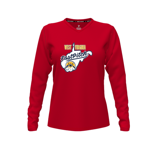 [FTLVPTRD-FYXS-LOGO1] Decker Performance T-Shirt (Female Youth XS, Red, V Neck, Logo 1, Long Sleeve)